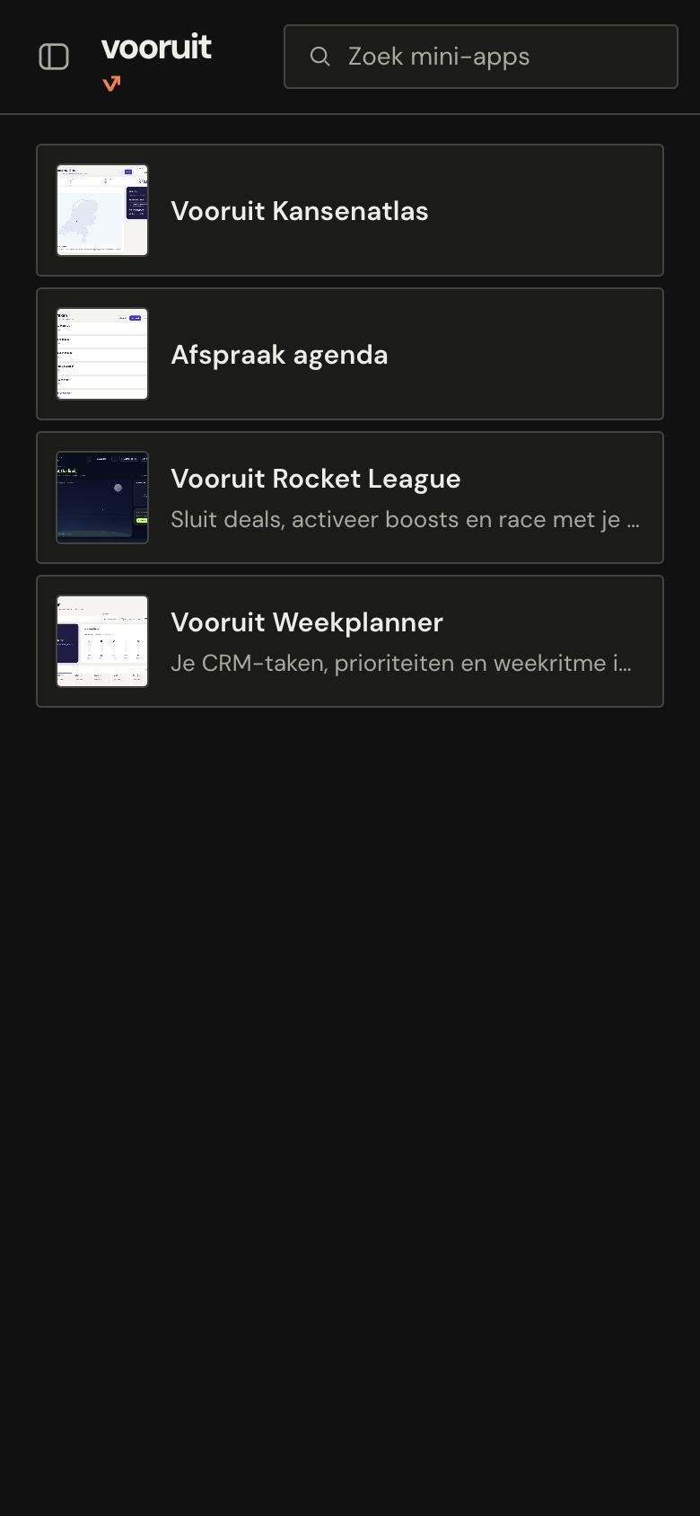 Het tabblad Mini-apps in de Chat app met Kansenatlas, Afspraak agenda, Rocket League en Weekplanner
